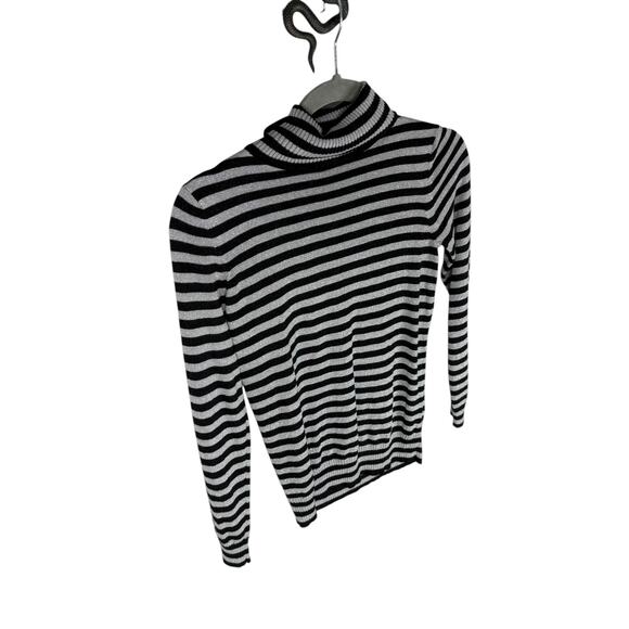 Joseph A Turtleneck Sweater Pullover Striped Metallic Statement Black Silver PS - Picture 3 of 7